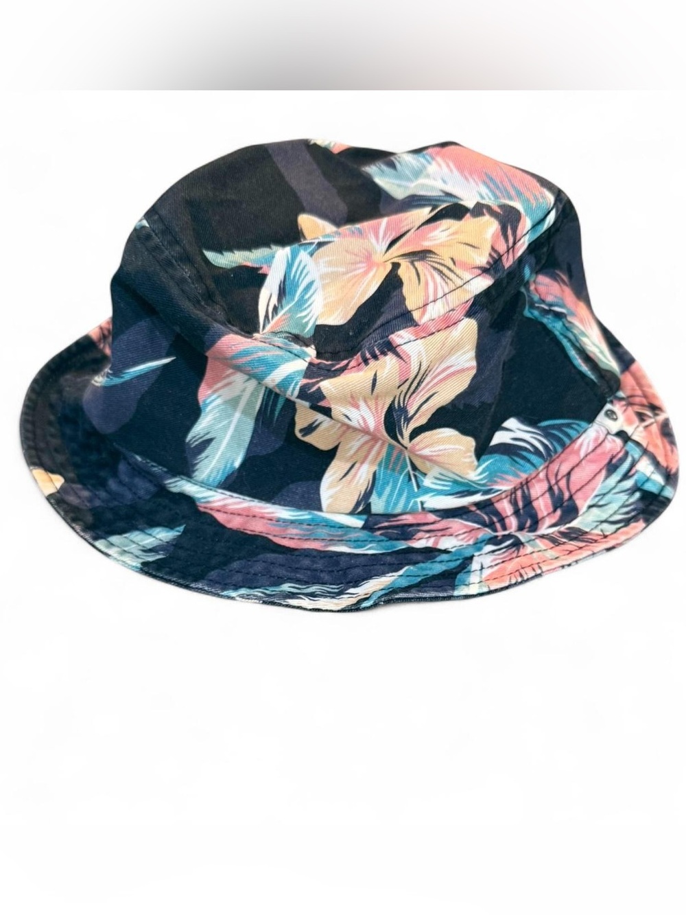 Floral Print Bucket Hat in Navy with Pink & Teal Accents